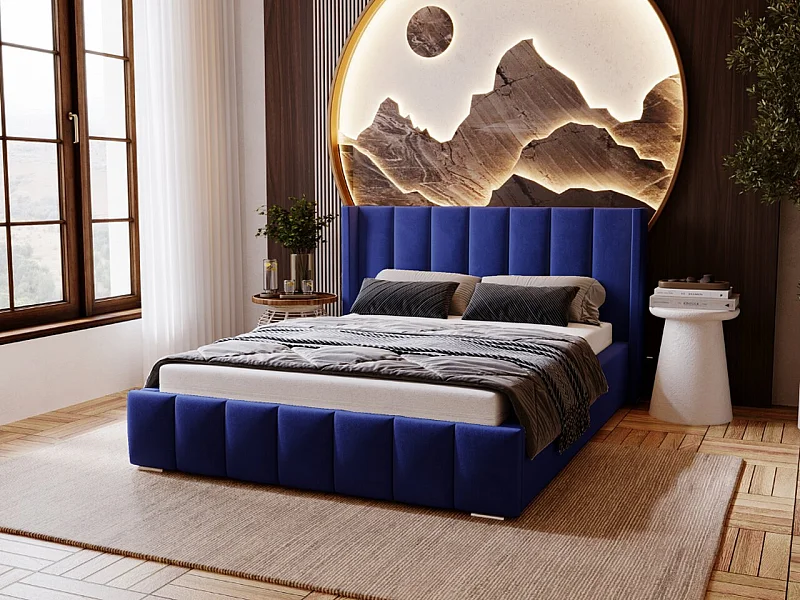 Polsterbett mit Bettkasten - 180 x 200 - Samtstoff - Blau - Bett mit Lattenrost - MARANO