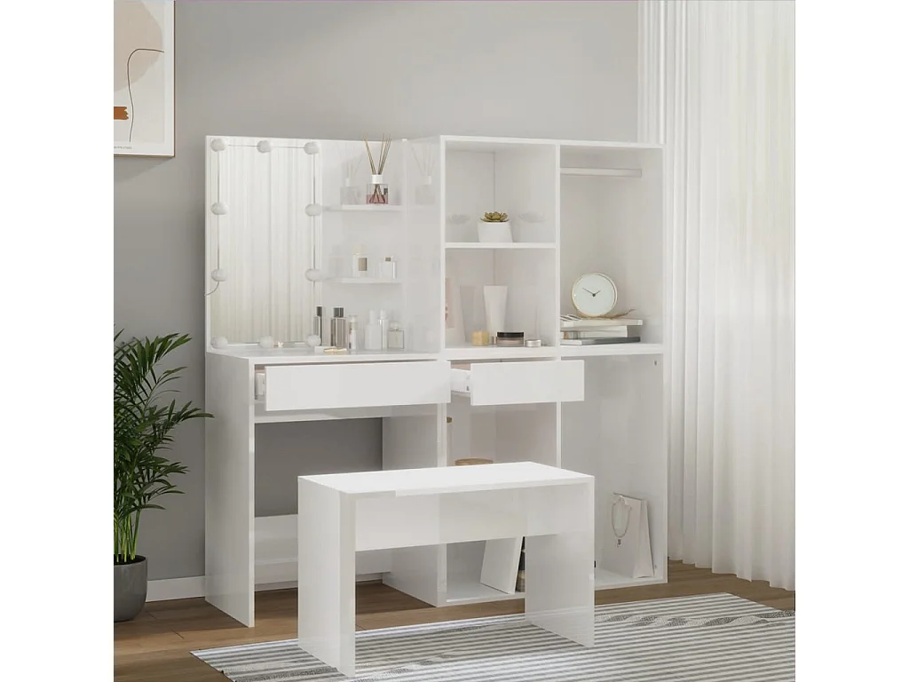 Ensemble de coiffeuse avec LED Blanc brillant Bois d'ingénierie