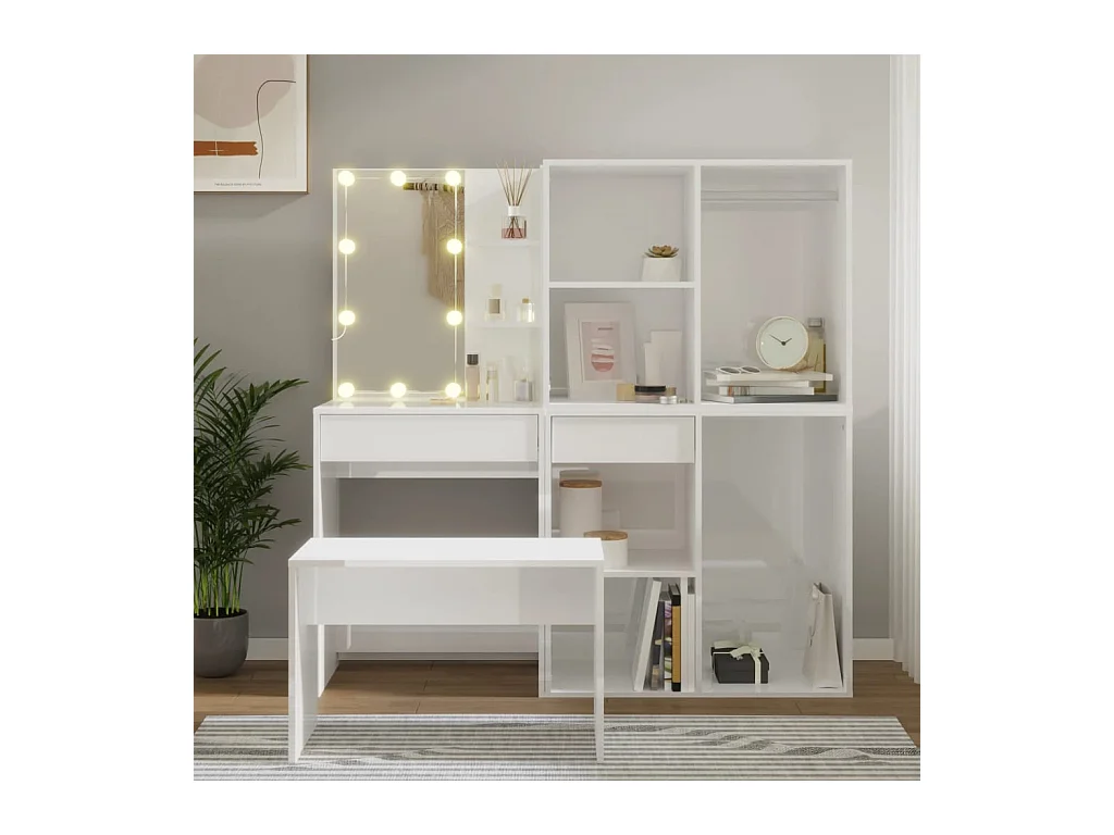 Ensemble de coiffeuse avec LED Blanc brillant Bois d'ingénierie