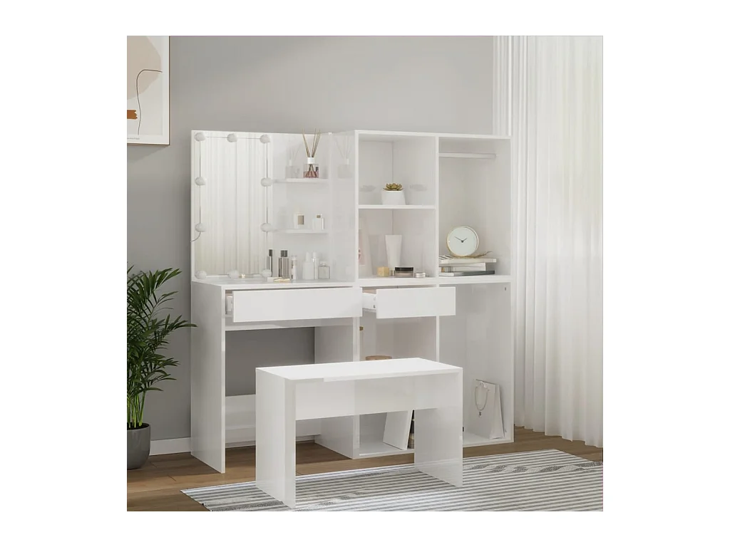 Ensemble de coiffeuse avec LED Blanc brillant Bois d'ingénierie