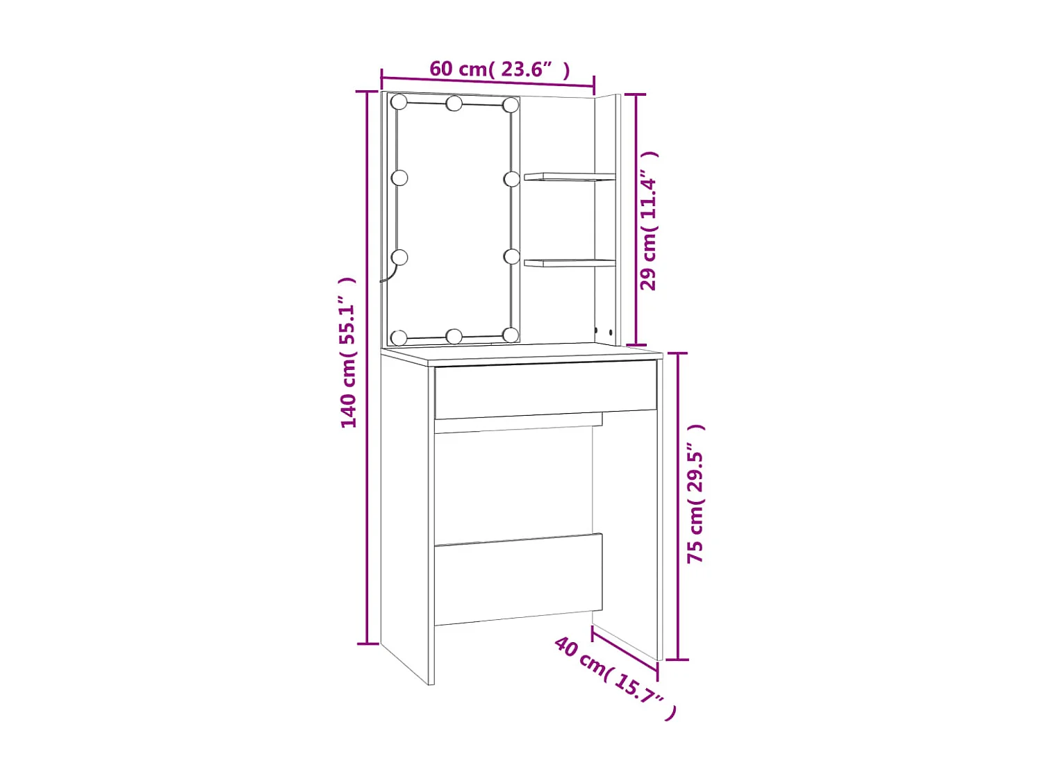 Conjunto toucador com LED madeira processada branco brilhante