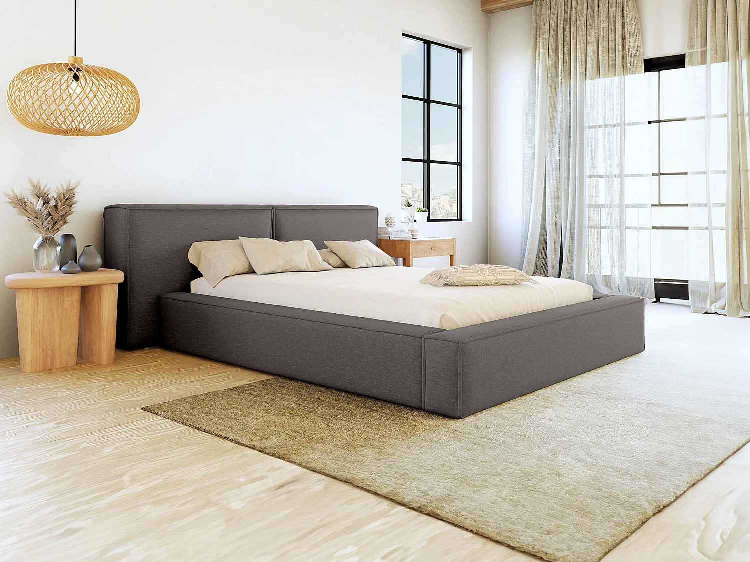 Lit coffre 200 x 200 cm - Tissu - Gris anthracite + Matelas - TIMANO de Pascal Morabito