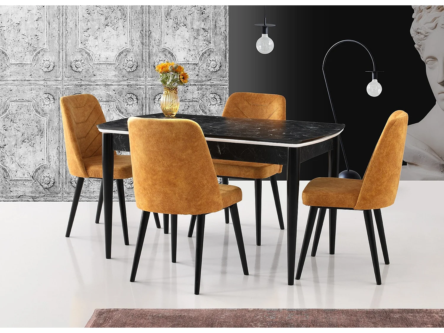 Table à manger extensible Furau Effet marbre Noir et Blanc