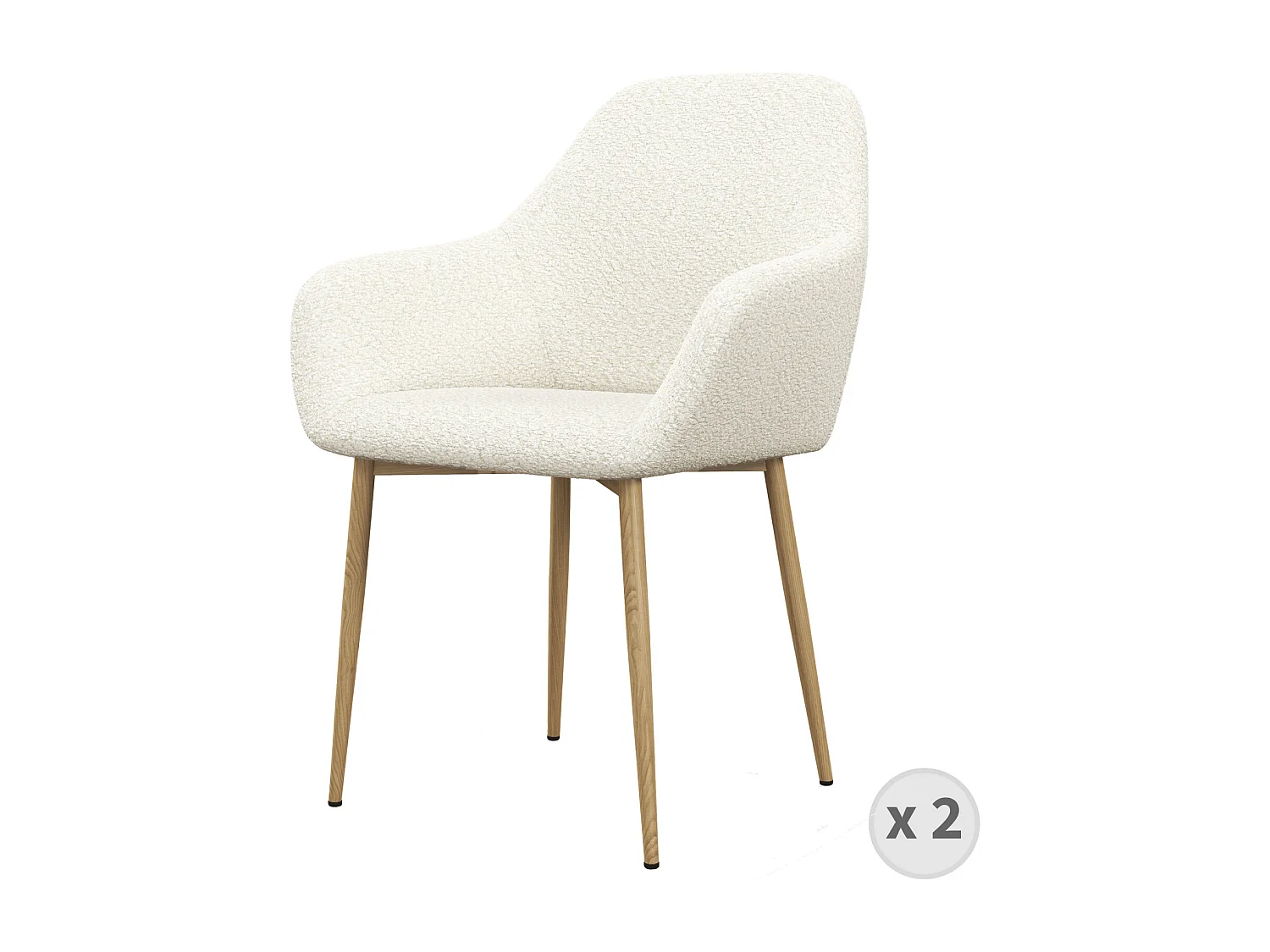 GABIN-Chaise en tissu bouclette Ecru et pieds métal bois (x2)