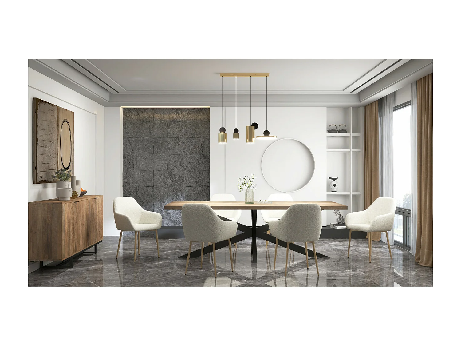 GABIN-Chaise en tissu bouclette Ecru et pieds métal bois (x2)