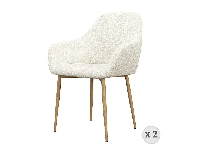 GABIN-Chaise en tissu bouclette Ecru et pieds métal bois (x2)