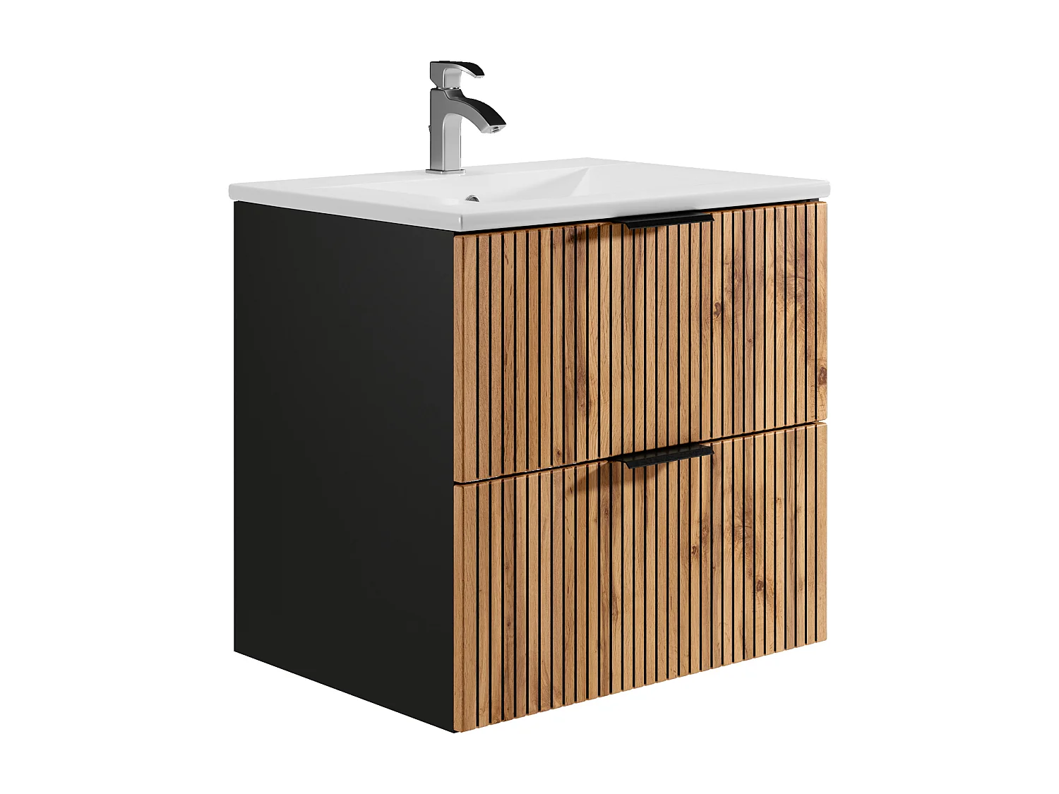 Meuble de salle de bain suspendu strié avec vasque à encastrer - Naturel clair et noir - 60 cm - MADELA