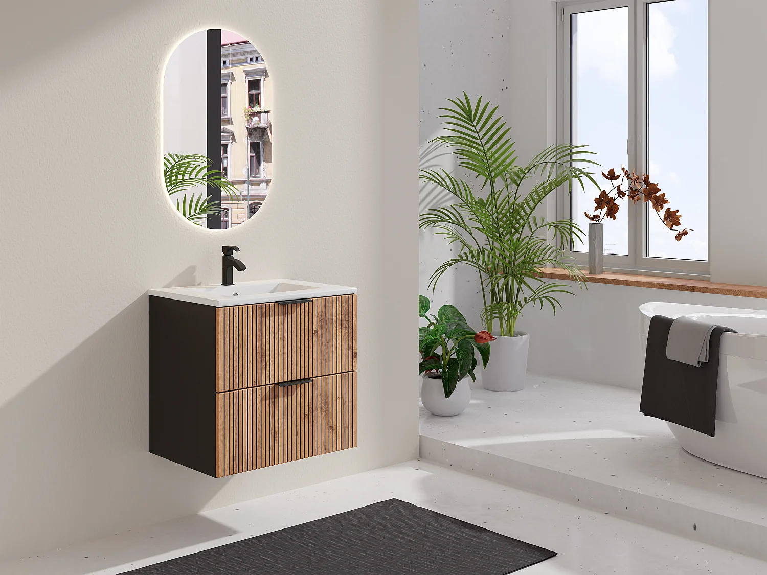 Meuble de salle de bain suspendu strié avec vasque à encastrer - Naturel clair et noir - 60 cm - MADELA