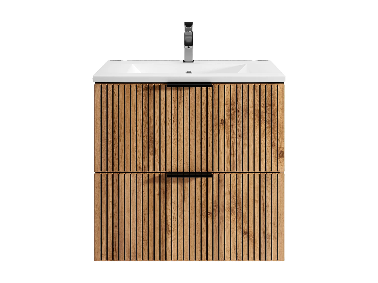 Meuble de salle de bain suspendu strié avec vasque à encastrer - Naturel clair et noir - 60 cm - MADELA