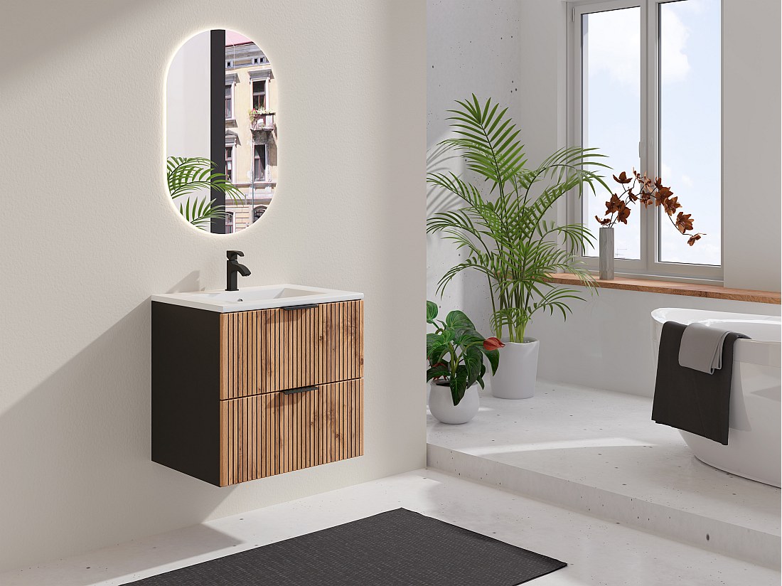 Meuble Suspendu Sous Vasque 100 Cm Chêne Naturel - 2 Tiroirs + 2 Niches - Pour Salle De Bains - PURNAL - 3