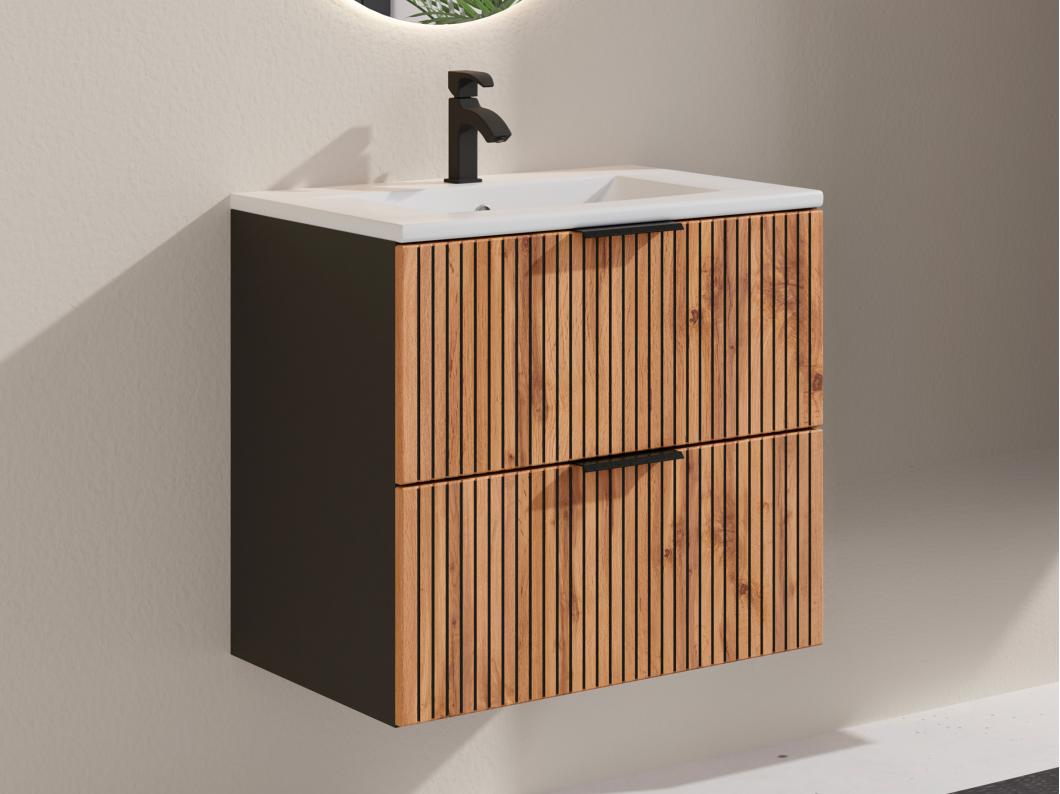 Meuble de salle de bain suspendu strié avec vasque à encastrer - Naturel clair et noir - 60 cm - MADELA