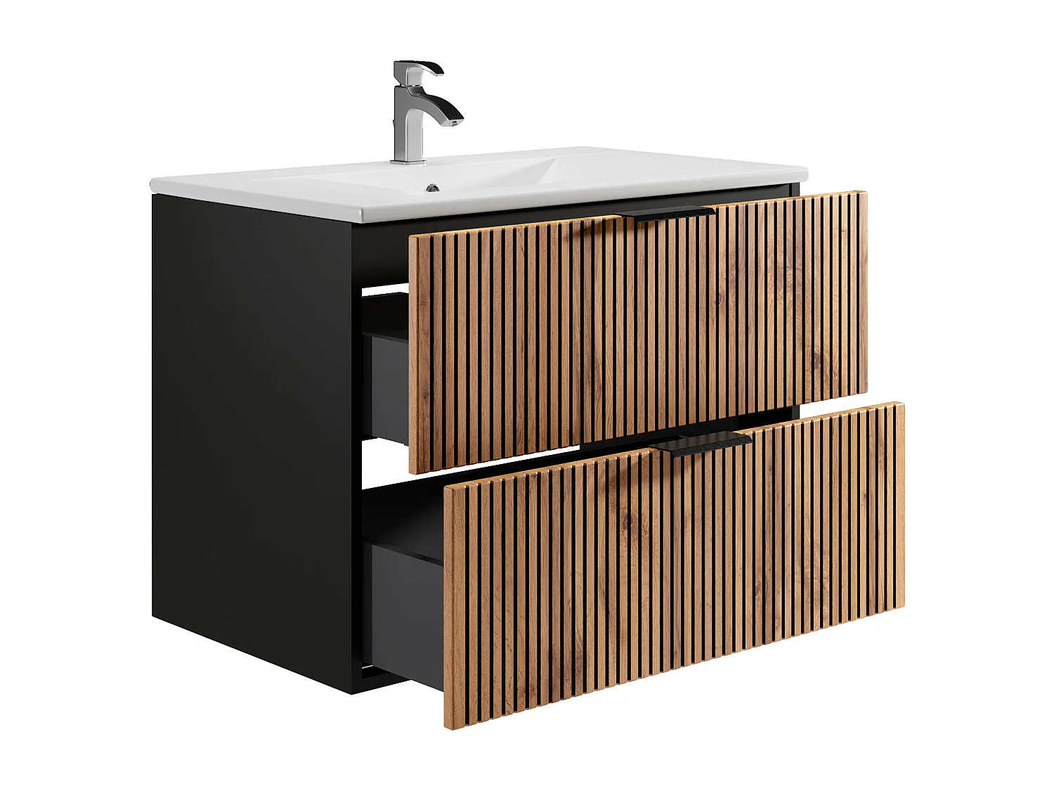 Hangend badkamermeubel met inbouwwastafel - Licht naturel en zwart - 80 cm - MADELA