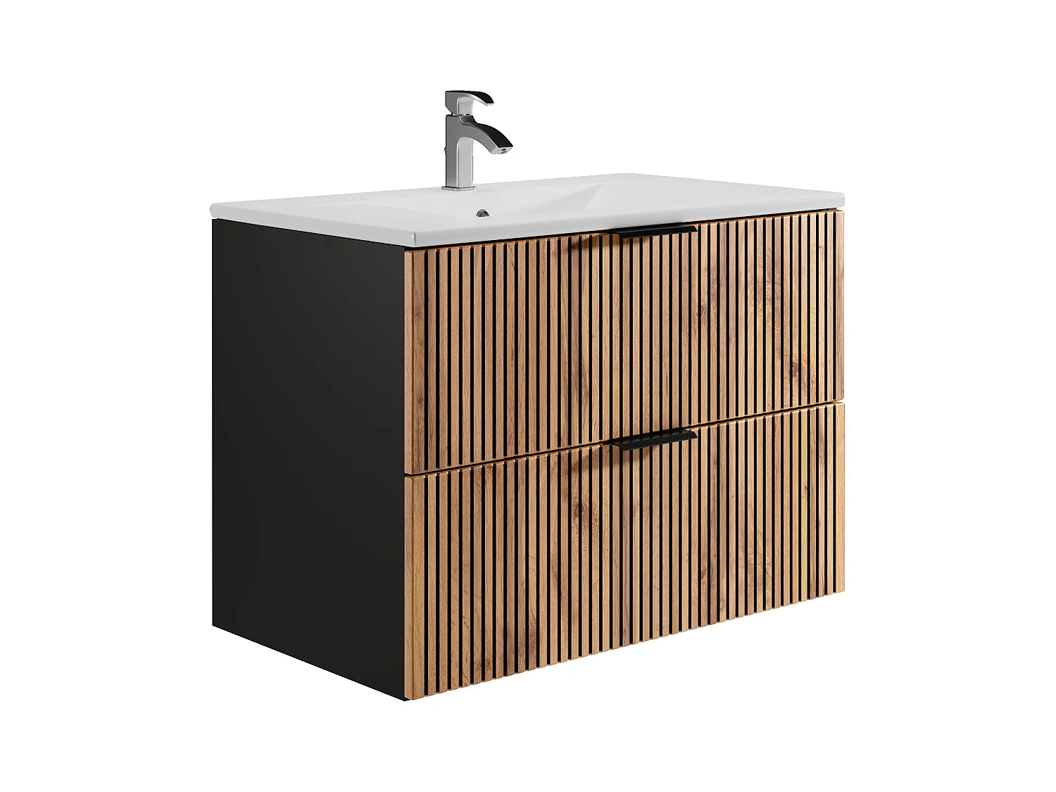 Meuble de salle de bain suspendu avec vasque à encastrer - Naturel clair et noir - 80 cm - MADELA