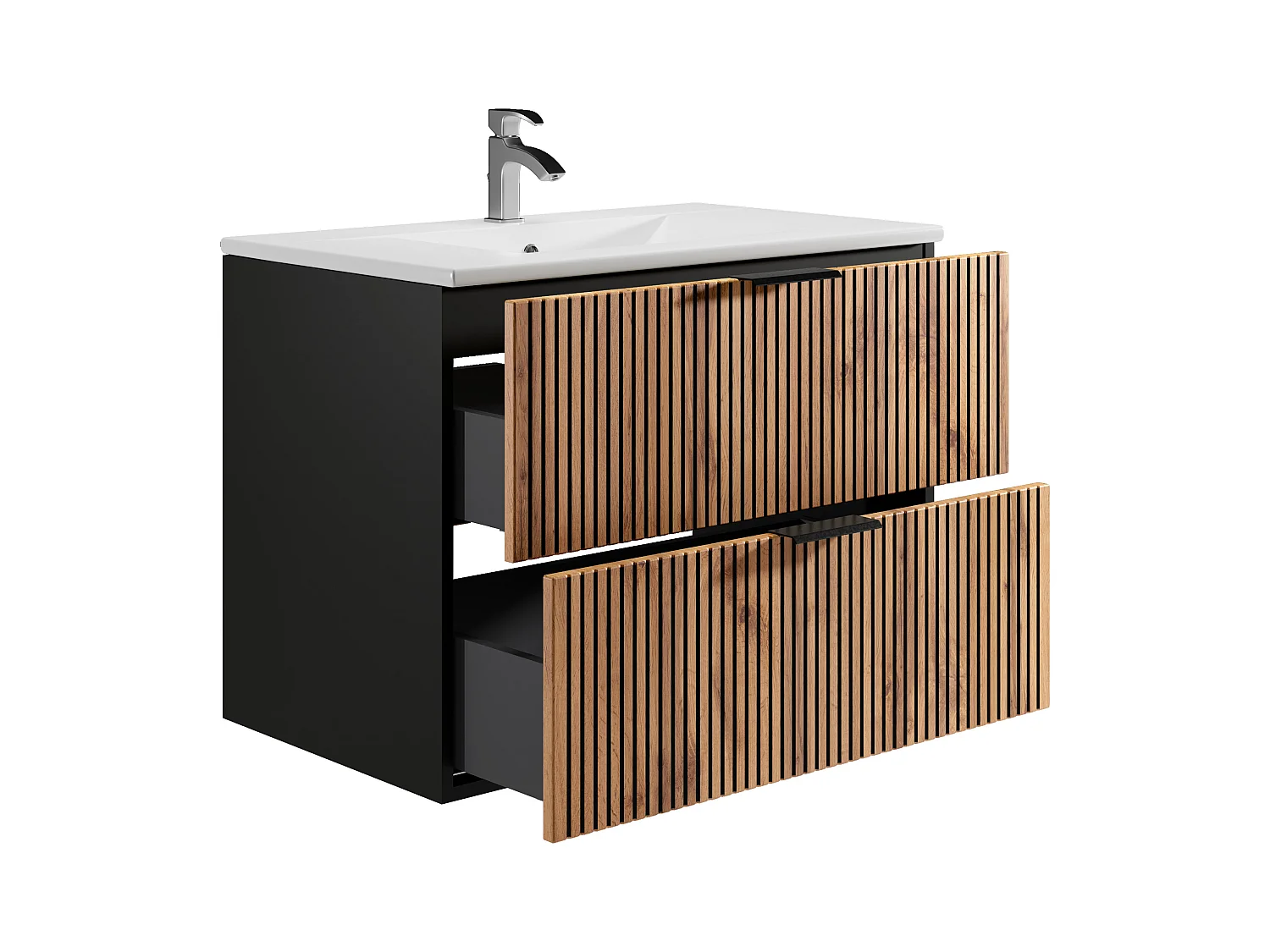 Meuble de salle de bain suspendu avec vasque à encastrer - Naturel clair et noir - 80 cm - MADELA