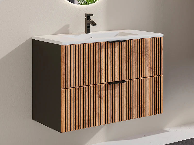 Hangend badkamermeubel met inbouwwastafel - Licht naturel en zwart - 80 cm - MADELA