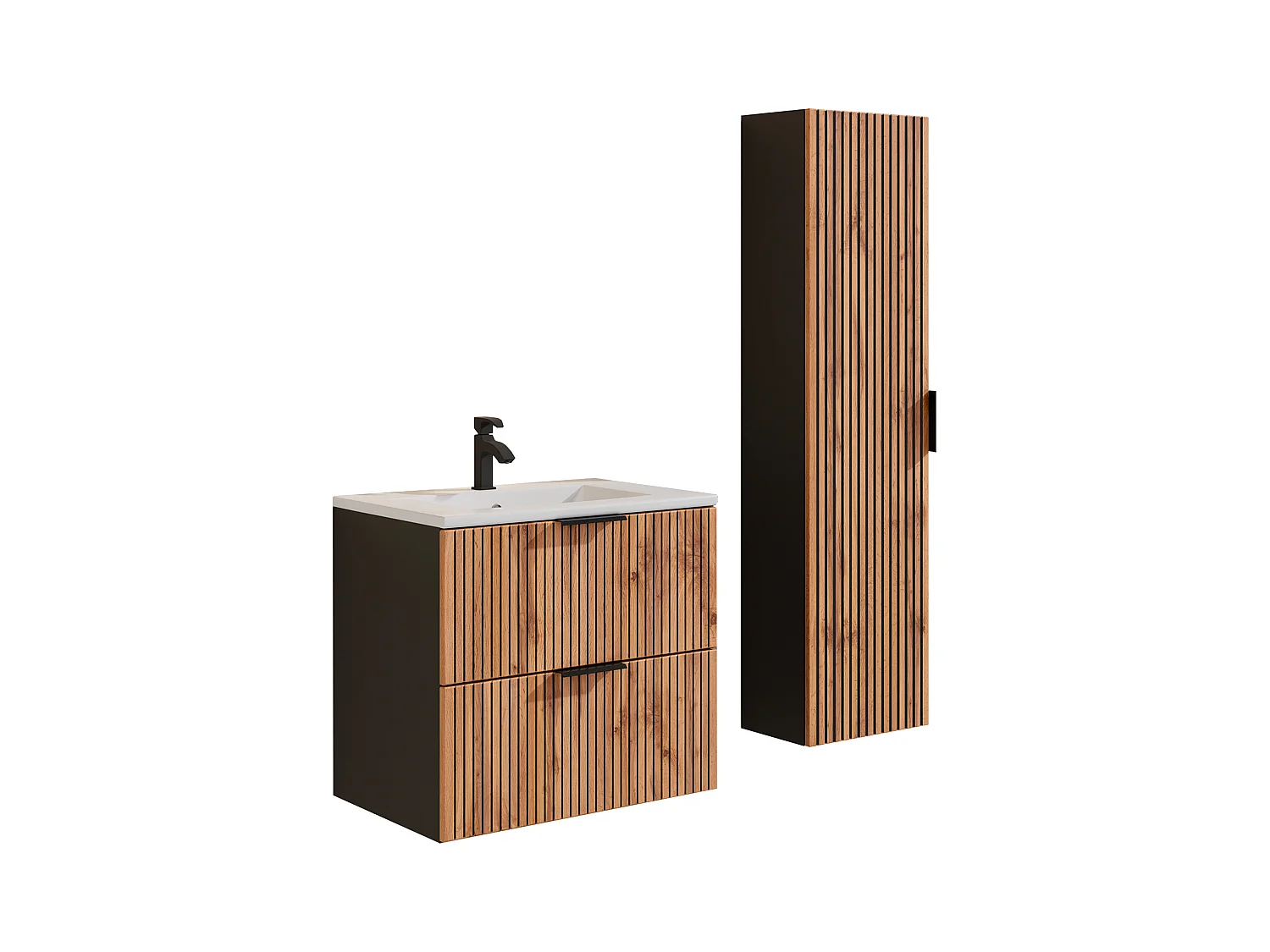 Geribbeld badkamermeubel met inbouwwastafel en kolomkast - Licht naturel en zwart - 60 cm - MADELA