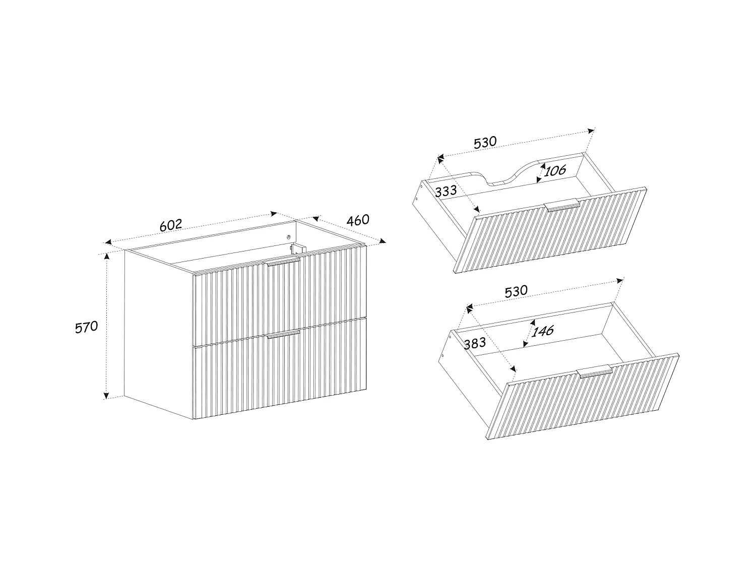 Geribbeld badkamermeubel met inbouwwastafel en kolomkast - Licht naturel en zwart - 60 cm - MADELA