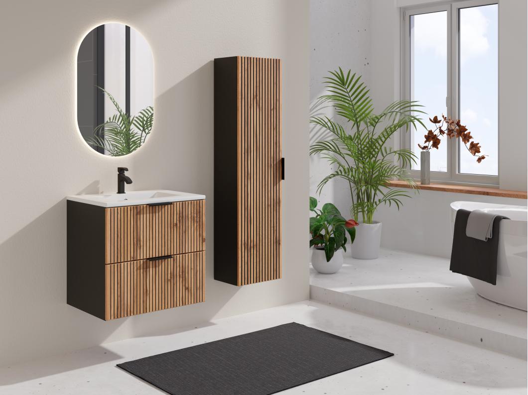 Mobile per bagno sospeso con scanalature e lavabo da incasso e colonna 60 cm Naturale chiaro e Nero - MADELA