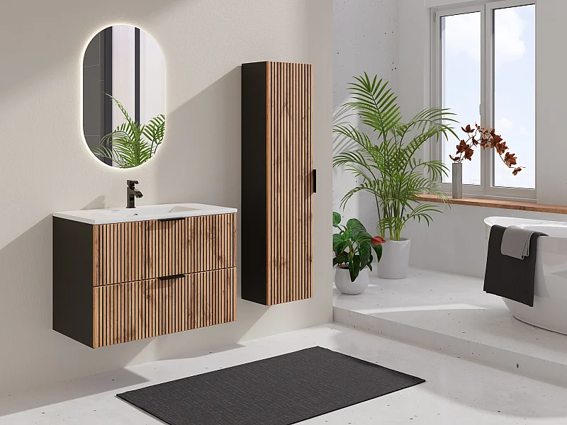 Meuble de salle de bain suspendu strié avec vasque à encastrer et colonne - Naturel clair et noir - 80 cm - MADELA