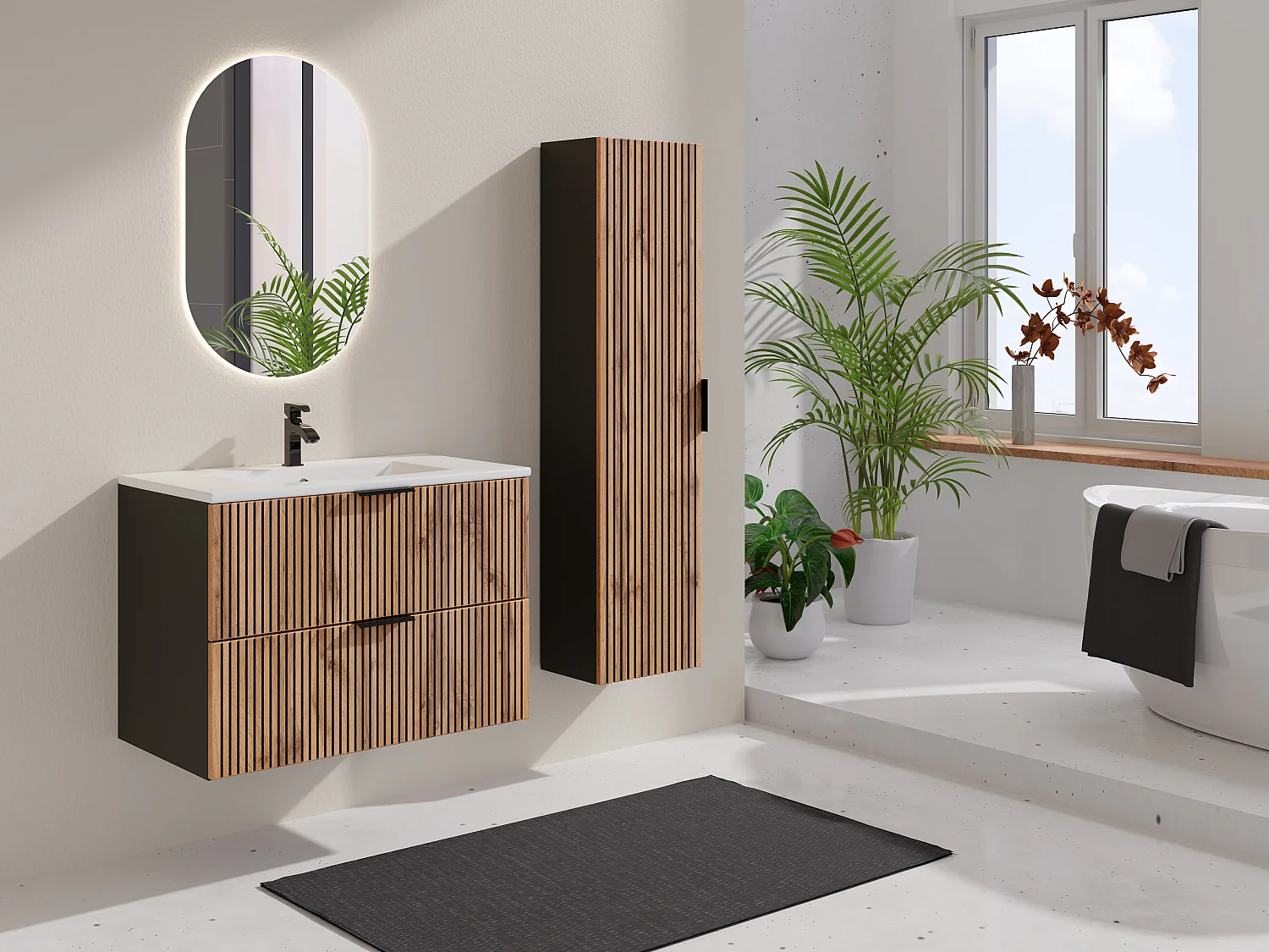 Meuble de salle de bain suspendu strié avec vasque à encastrer et colonne - Naturel clair et noir - 80 cm - MADELA