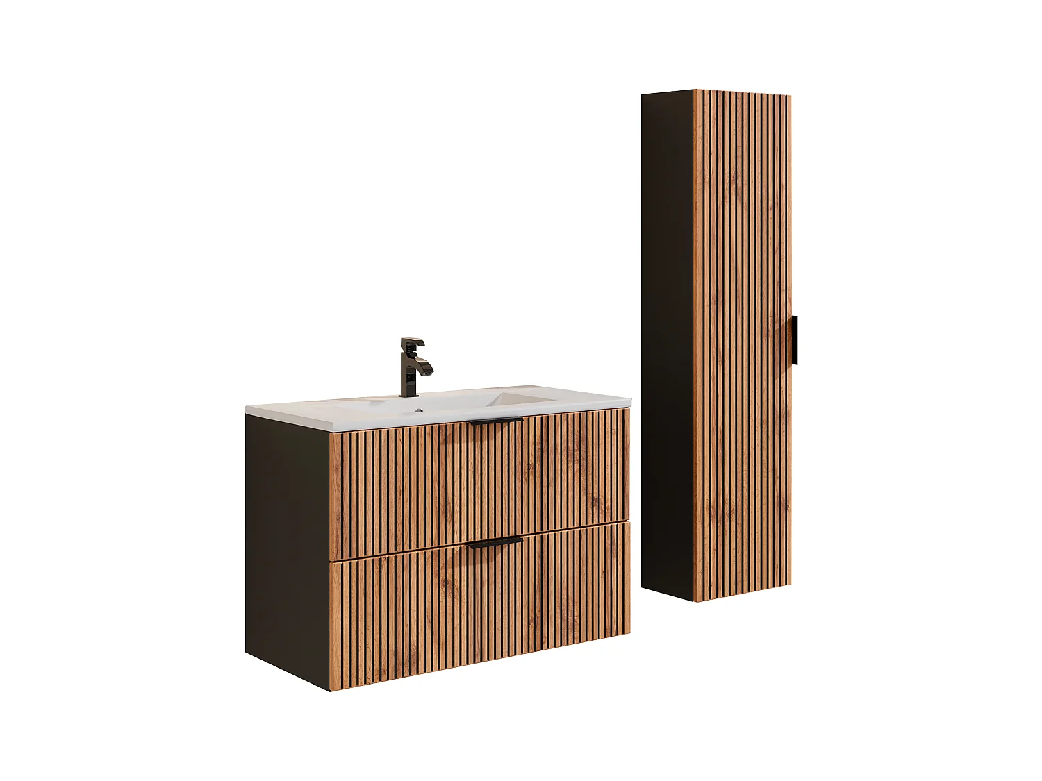 Geribbeld badkamermeubel met inbouwwastafel en kolomkast - Licht naturel en zwart - 80 cm - MADELA