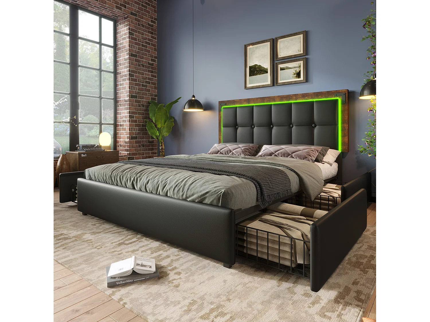 Gestoffeerd bed 140 x 200 cm met 4 laden en verstelbaar hoofdeinde - LED's - PU leer - Zwart (zonder matras)