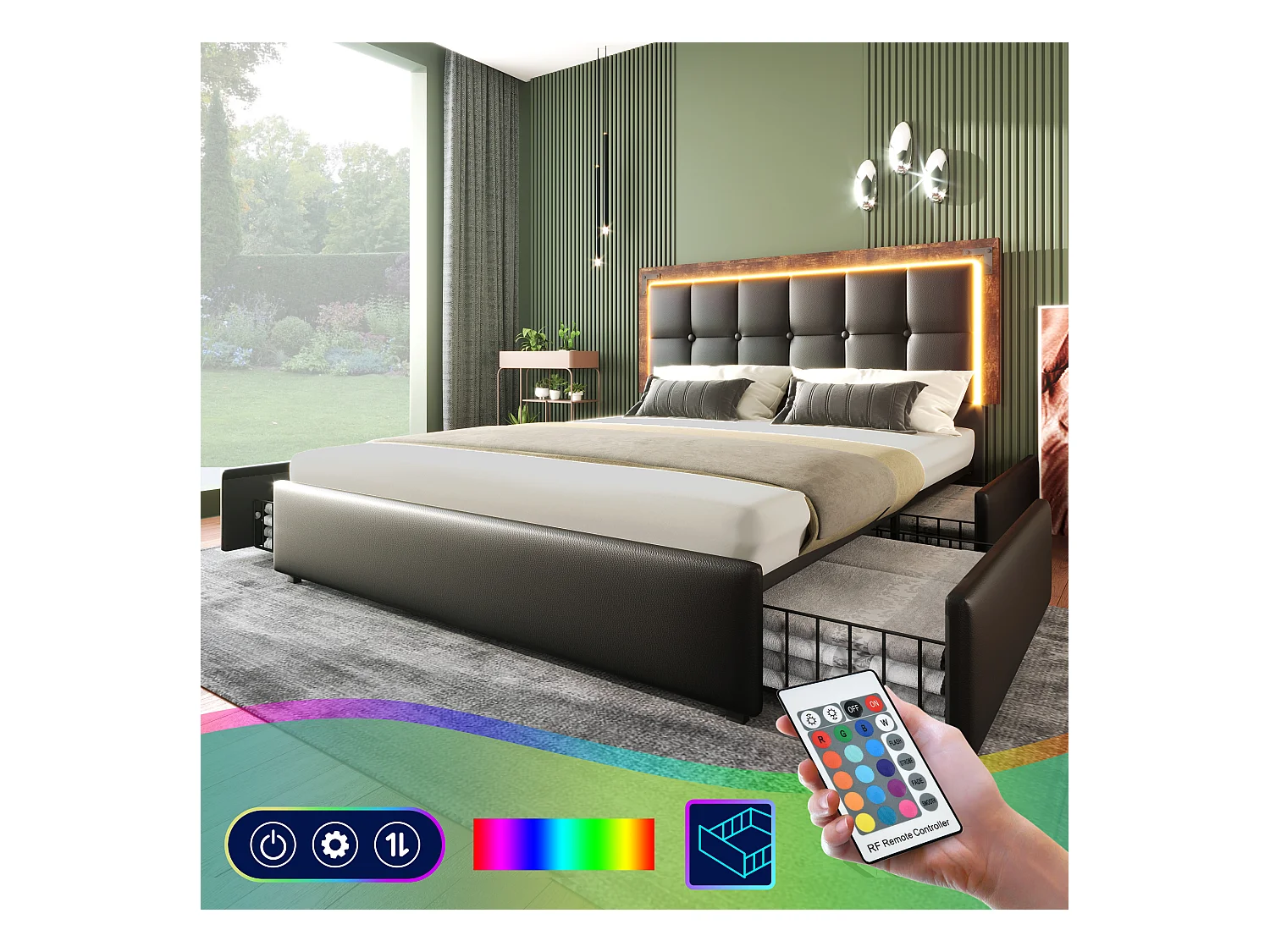 Lit capitonné 140 x 200 cm avec 4 tiroirs et tête de lit réglable - LEDs - Cuir PU - Noir (sans matelas)