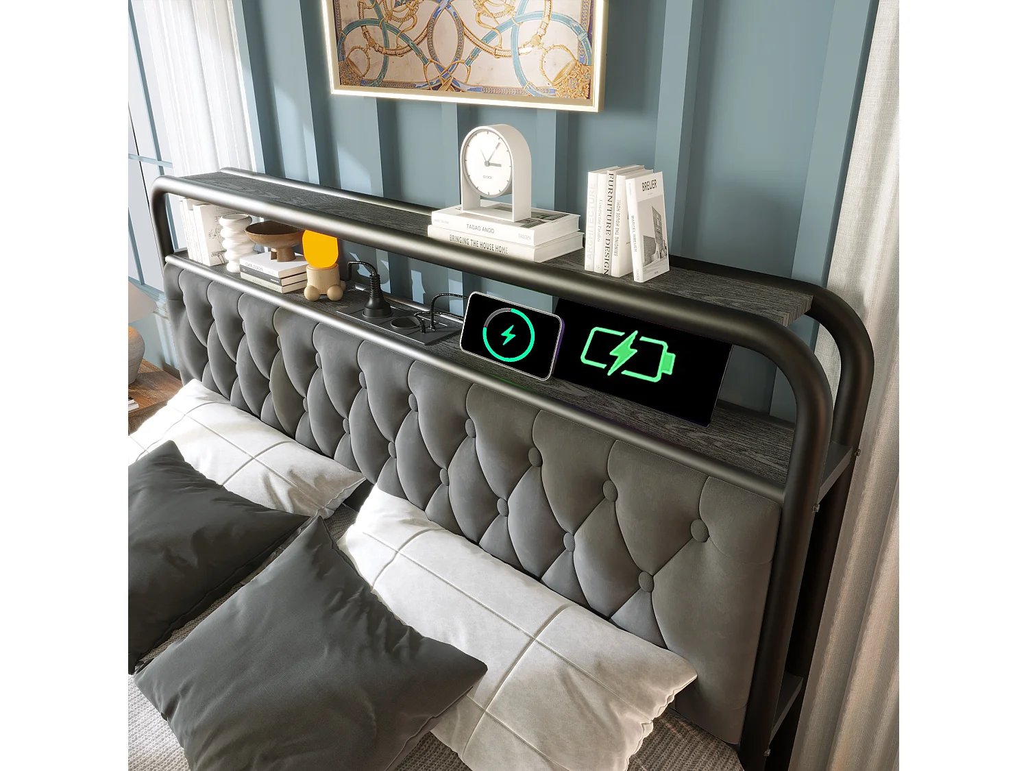 Gestoffeerd bed 160 x 200 cm met 2 laden en opberghoofdeinde - USB Type C stopcontacten en LED's - Fluweel - Grijs (zonder matras)