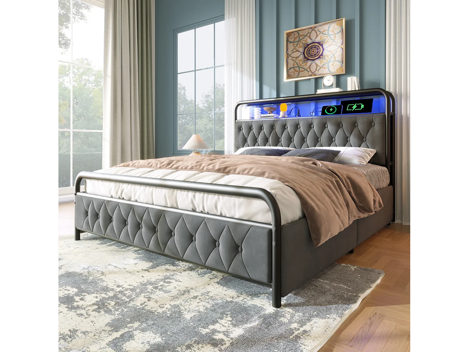 Lit capitonné 160 x 200 cm avec 2 tiroirs et tête de lit rangement - Prises USB Type C et LEDs - Velours - Gris (sans matelas)