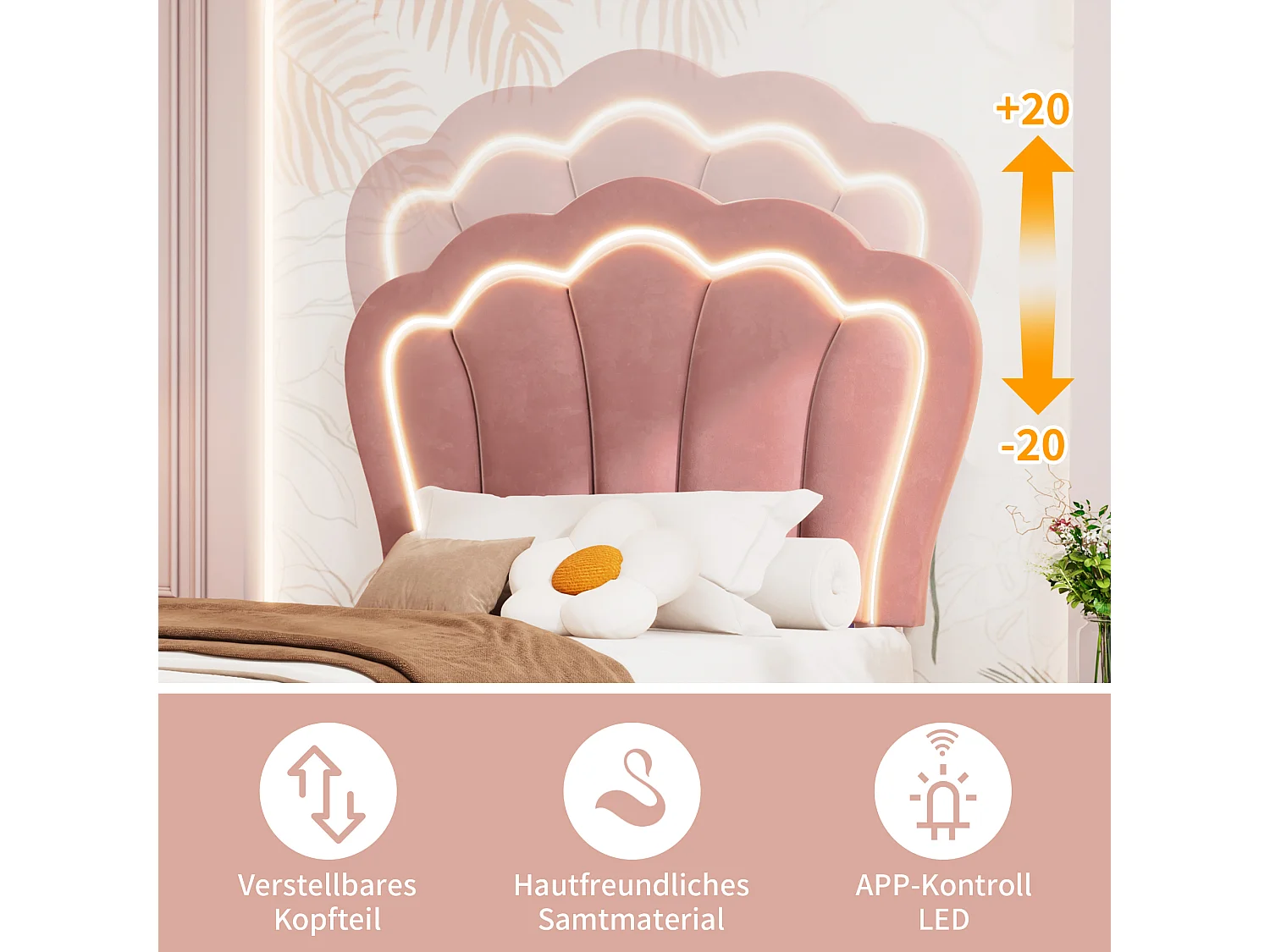 Gestoffeerd bed 90 x 200 cm met lade en verstelbaar hoofdeinde - Fluweel - LED's - Roze kleur