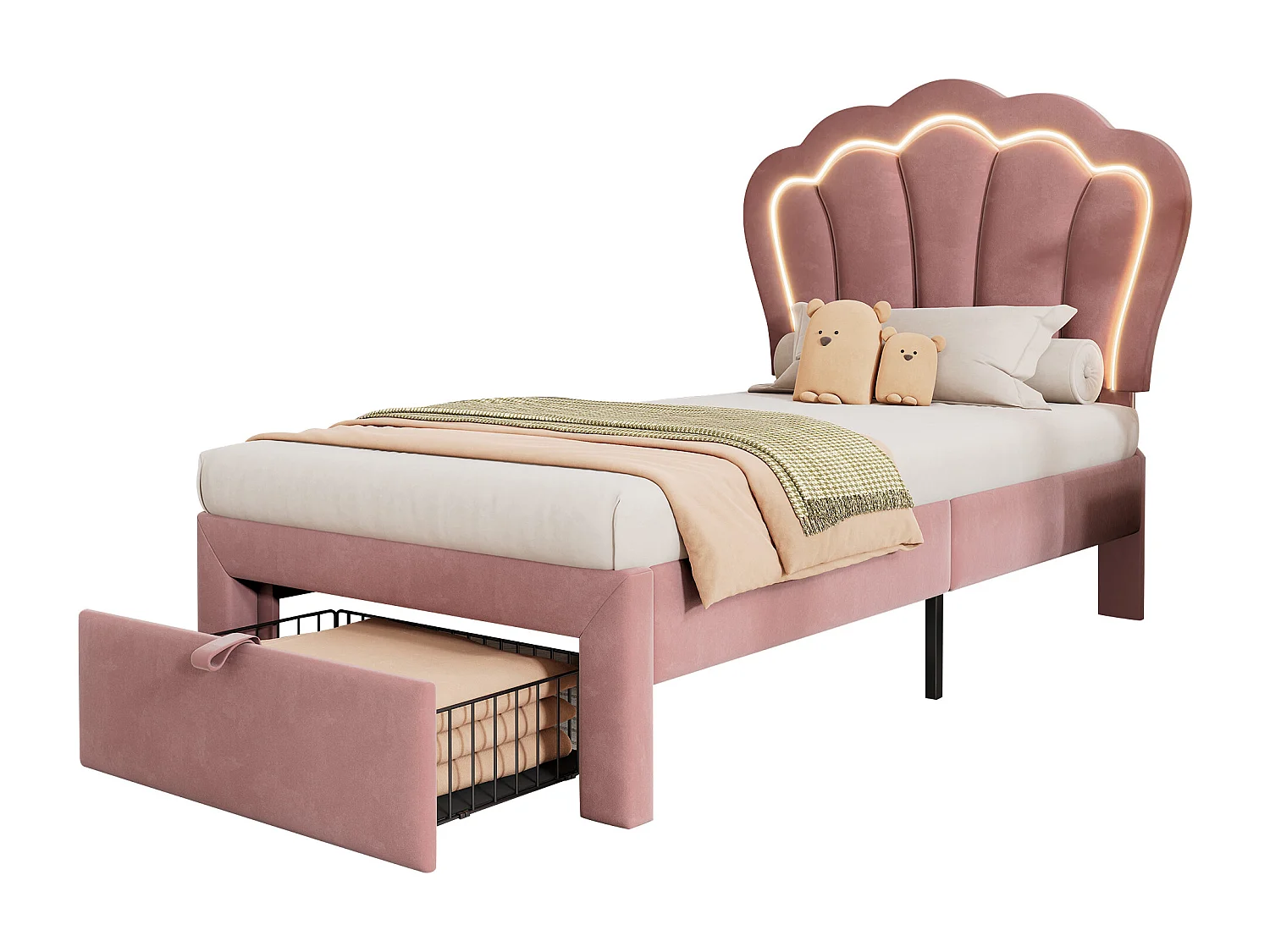 Lit capitonné 90 x 200 cm avec tiroir et tête de lit réglable - Velours - LEDs - Coloris rose