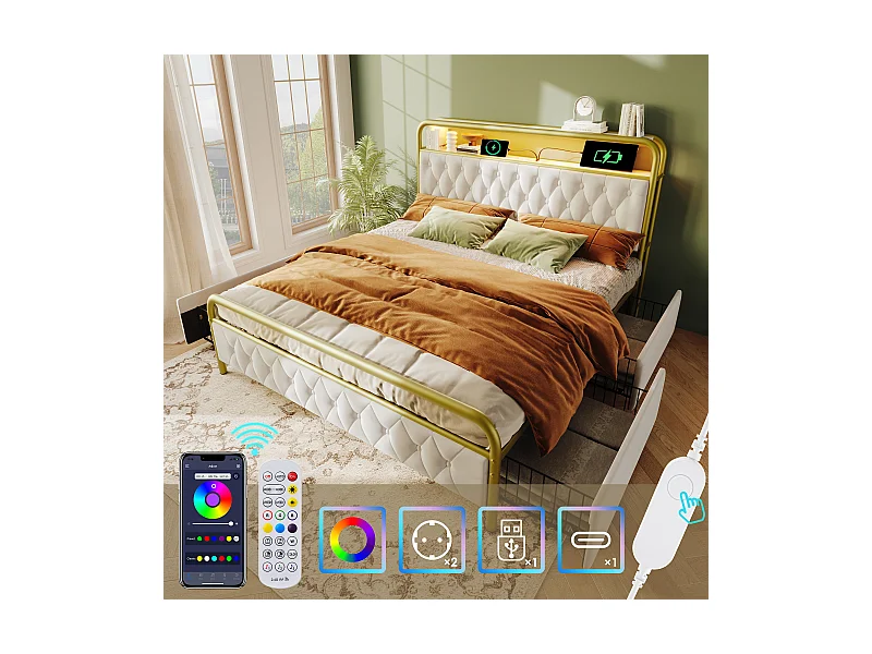 Łóżko tapicerowane 160 x 200 cm z 2 szufladami i schowkiem na wezgłowie - Gniazda USB typu C i diody LED - Aksamit - Białe (bez materaca)