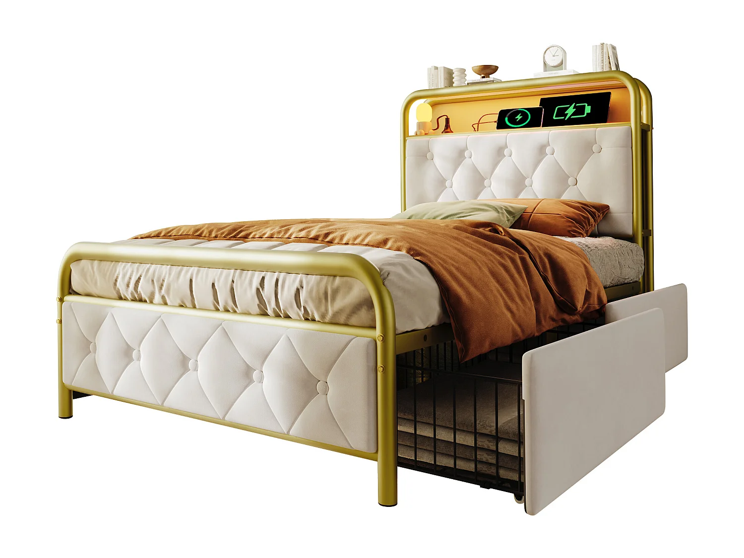 Lit capitonné 90 x 200 cm avec 2 tiroirs et tête de lit rangement - Prises USB Type C et LEDs - Velours - Blanc (sans matelas)