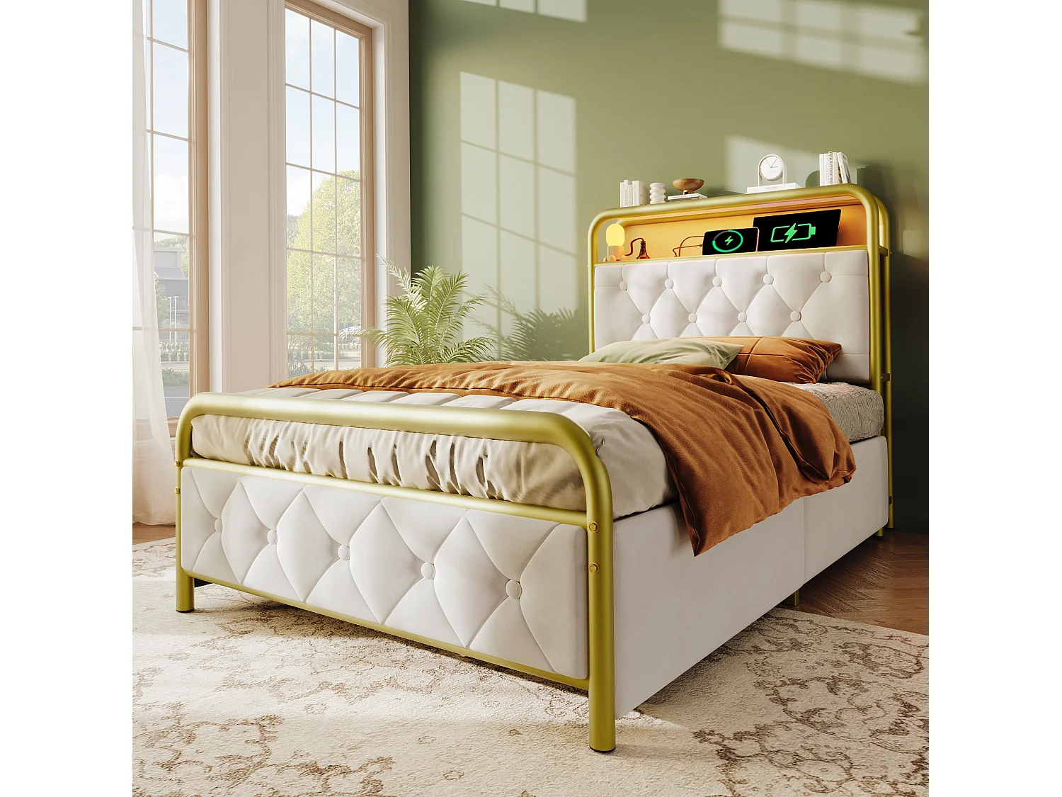 Lit capitonné 90 x 200 cm avec 2 tiroirs et tête de lit rangement - Prises USB Type C et LEDs - Velours - Blanc (sans matelas)