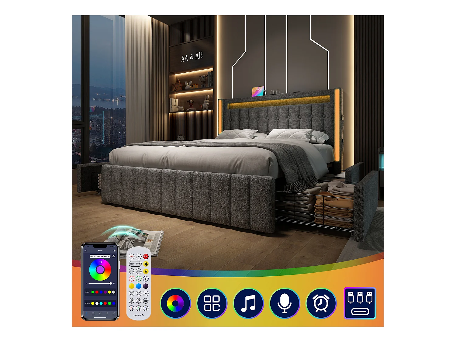 Lit capitonné 140 x 200 cm avec 4 tiroirs - Prises USB Type C et éclairage LED - Tissu en lin - Gris (sans matelas)