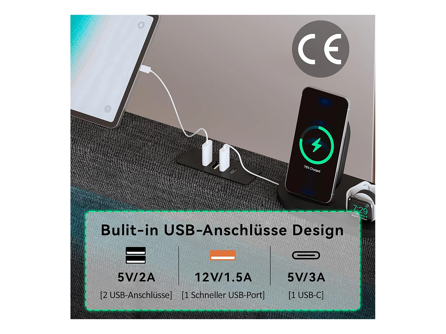 Lit capitonné 140 x 200 cm avec 4 tiroirs - Prises USB Type C et éclairage LED - Tissu en lin - Gris (sans matelas)