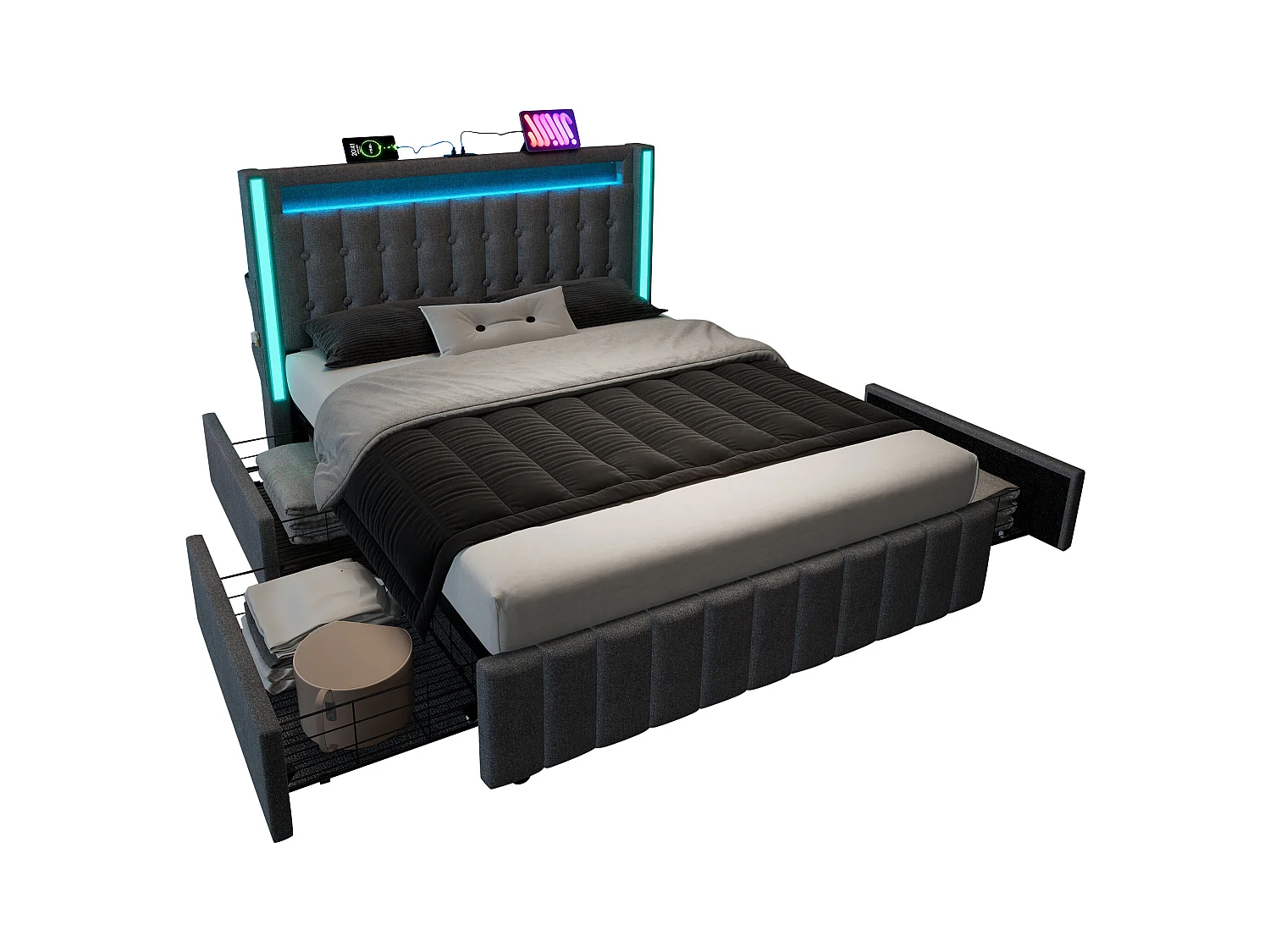 Lit capitonné 140 x 200 cm avec 4 tiroirs - Prises USB Type C et éclairage LED - Tissu en lin - Gris (sans matelas)