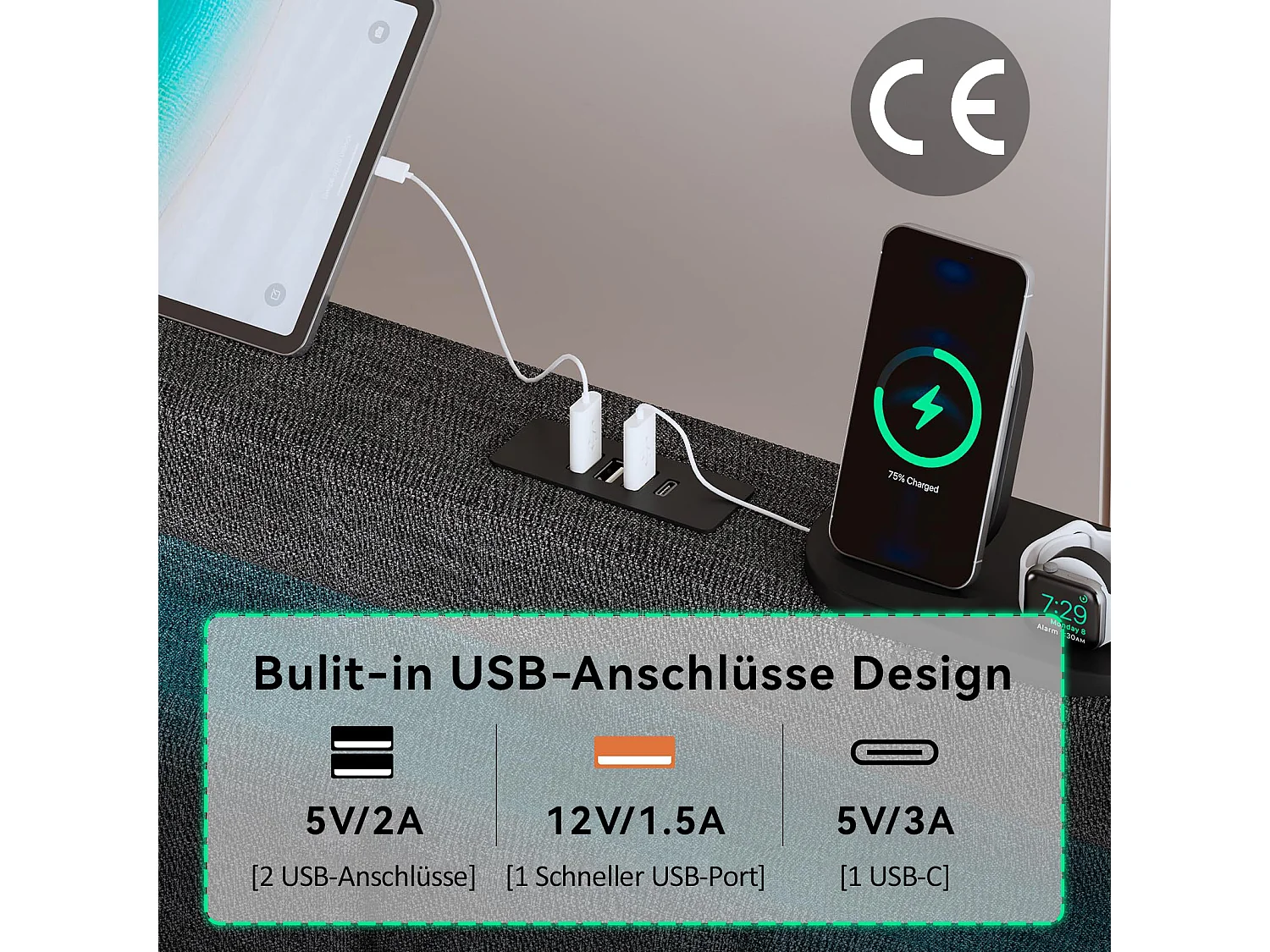 Gestoffeerd bed 90 x 200 cm met 2 lades - USB, Type C stopcontacten en LED verlichting - Linnenstof - Grijs (zonder matras)