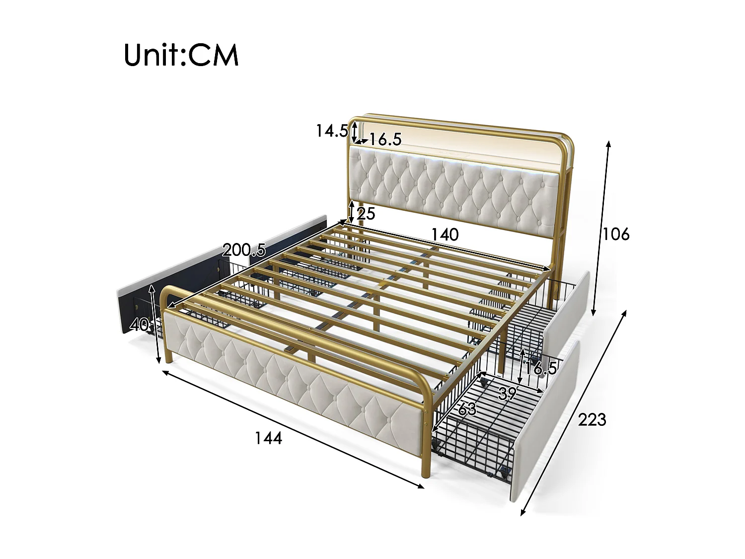 Lit capitonné 140 x 200 cm avec 2 tiroirs et tête de lit rangement - Prises USB Type C et LEDs - Velours - Blanc (sans matelas)