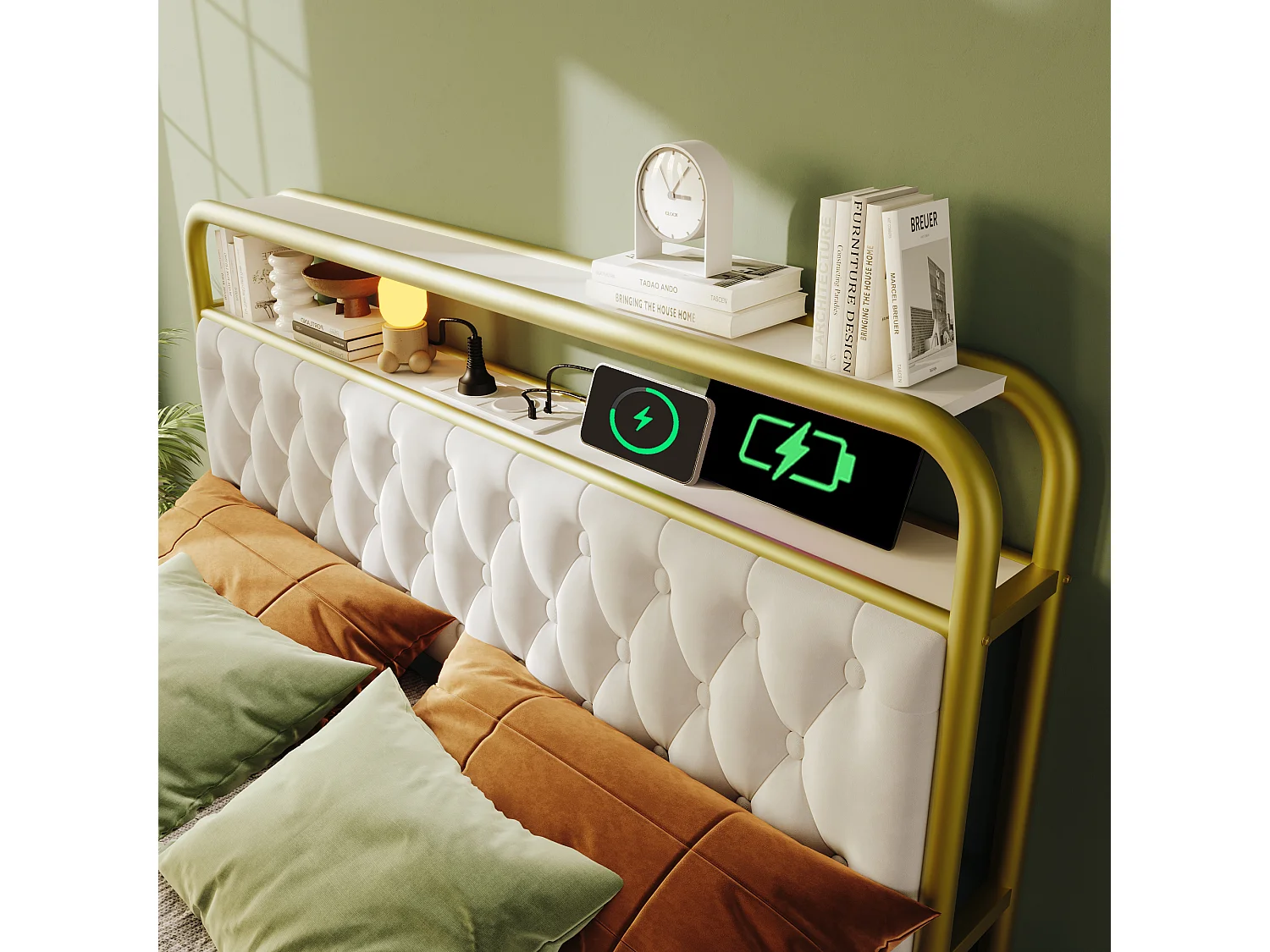 Lit capitonné 140 x 200 cm avec 2 tiroirs et tête de lit rangement - Prises USB Type C et LEDs - Velours - Blanc (sans matelas)