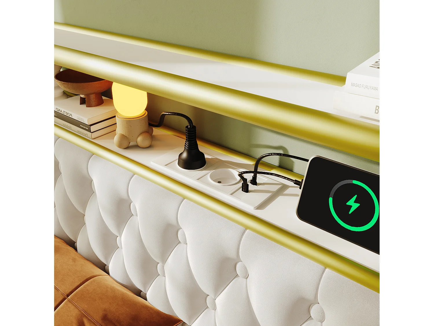 Lit capitonné 140 x 200 cm avec 2 tiroirs et tête de lit rangement - Prises USB Type C et LEDs - Velours - Blanc (sans matelas)