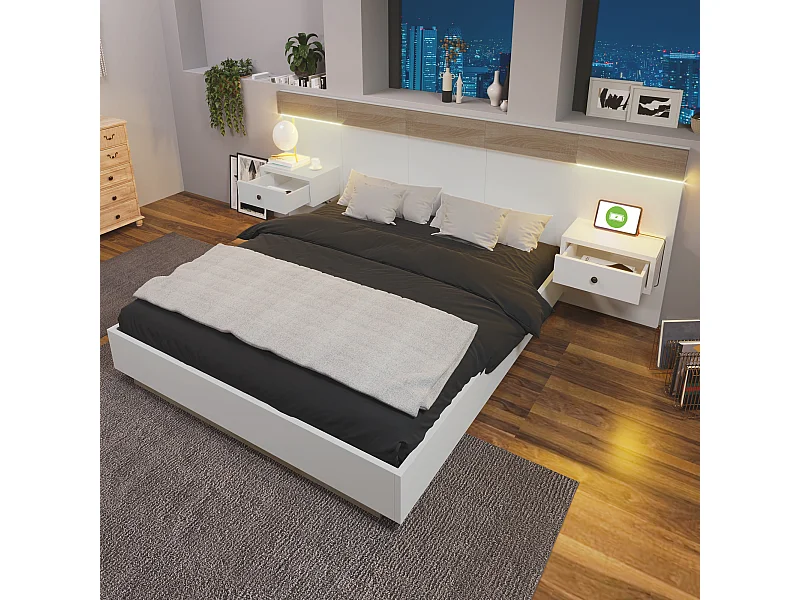 Łóżko małżeńskie drewniane 160 x 200 cm z 2 szufladami - 2 szafki nocne LED i gniazdo USB C - kolor dąb i biel
