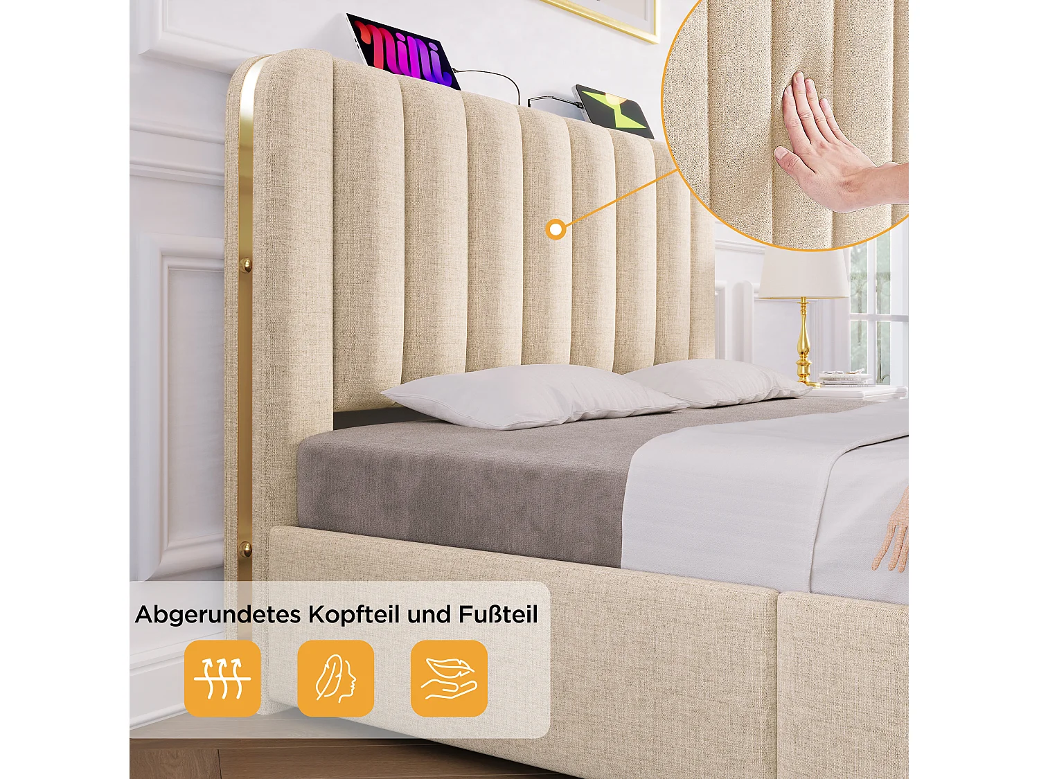 Lit capitonné 160 x 200 cm avec 4 tiroirs et tête de lit - Prises USB et Type-C - Tissu en lin - Rayures décoratives - Beige (sans matelas)