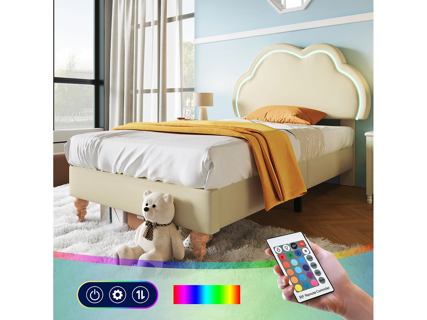Cama tapizada 90 x 200 cm con cabecero nube regulable - Piel sintética - LED - Color crema