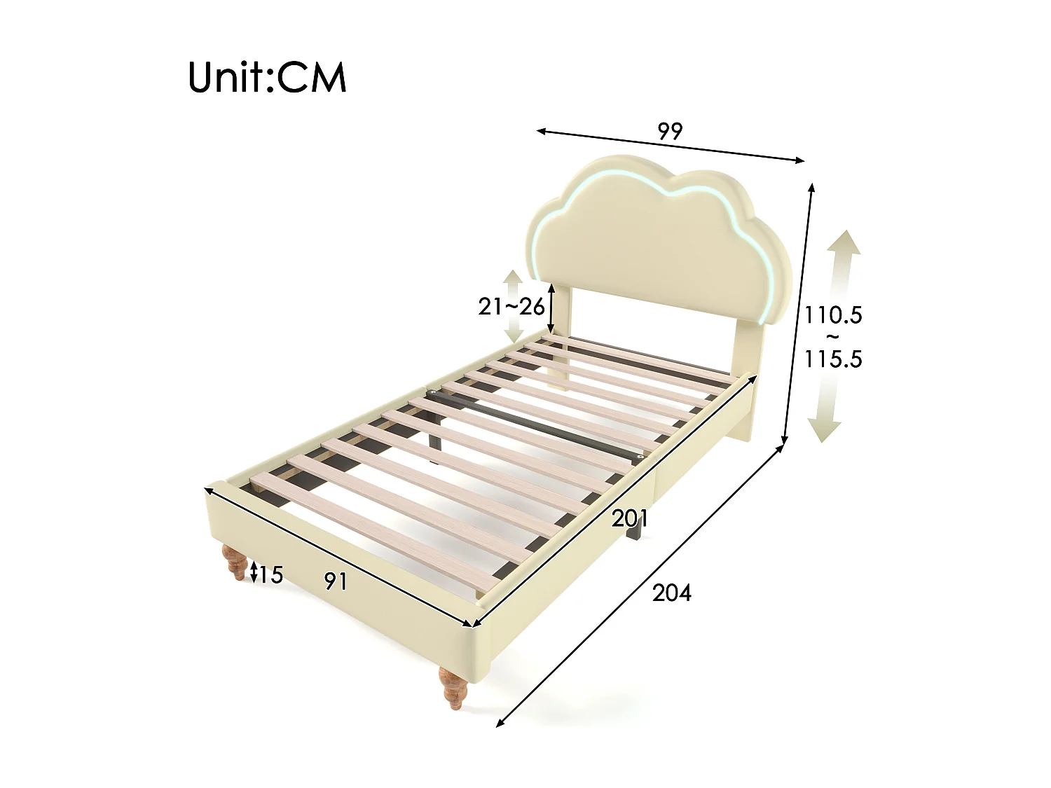 Cama tapizada 90 x 200 cm con cabecero nube regulable - Piel sintética - LED - Color crema