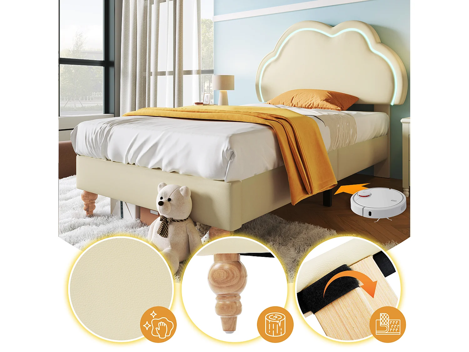 Cama tapizada 90 x 200 cm con cabecero nube regulable - Piel sintética - LED - Color crema