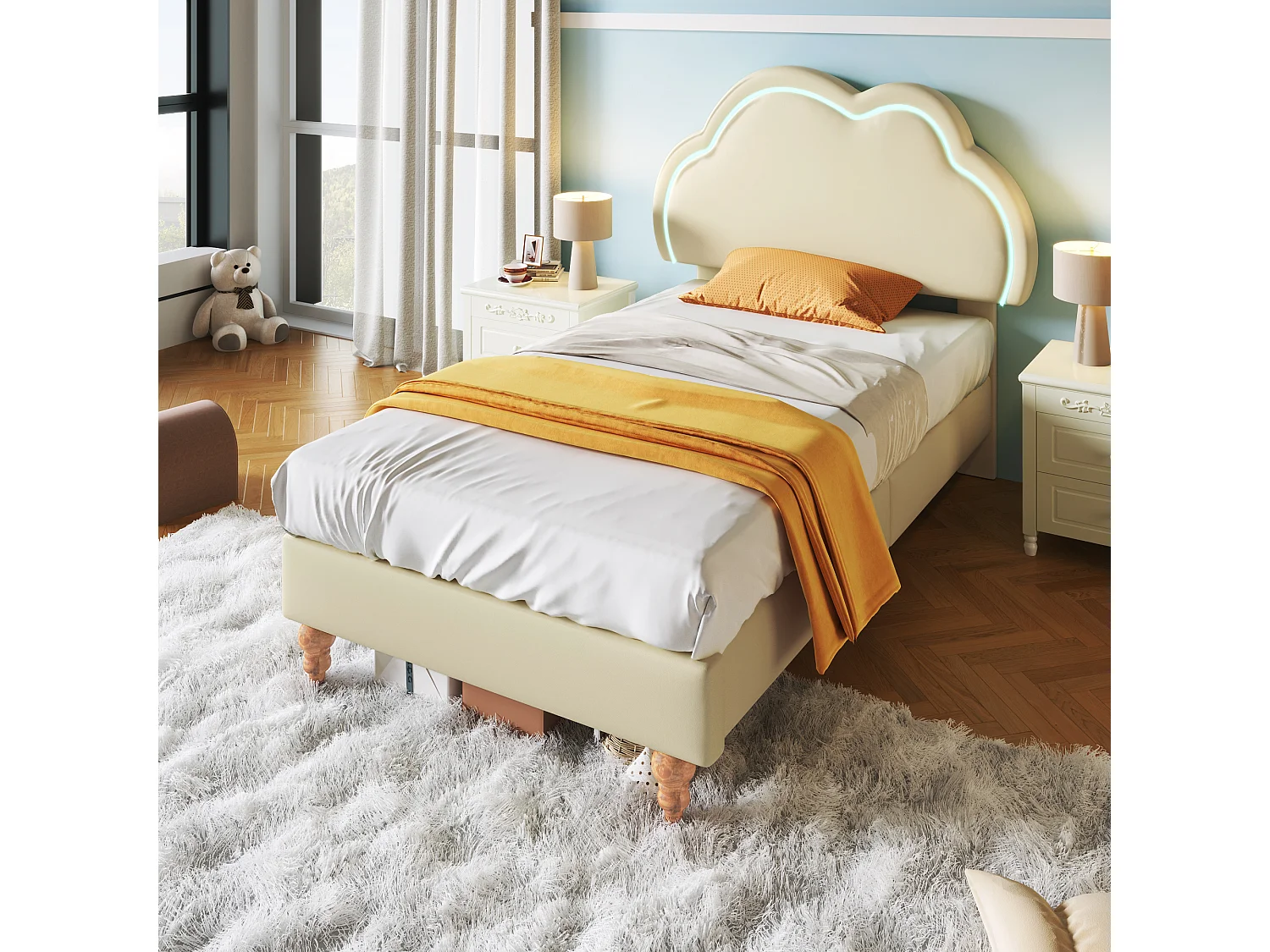 Cama tapizada 90 x 200 cm con cabecero nube regulable - Piel sintética - LED - Color crema