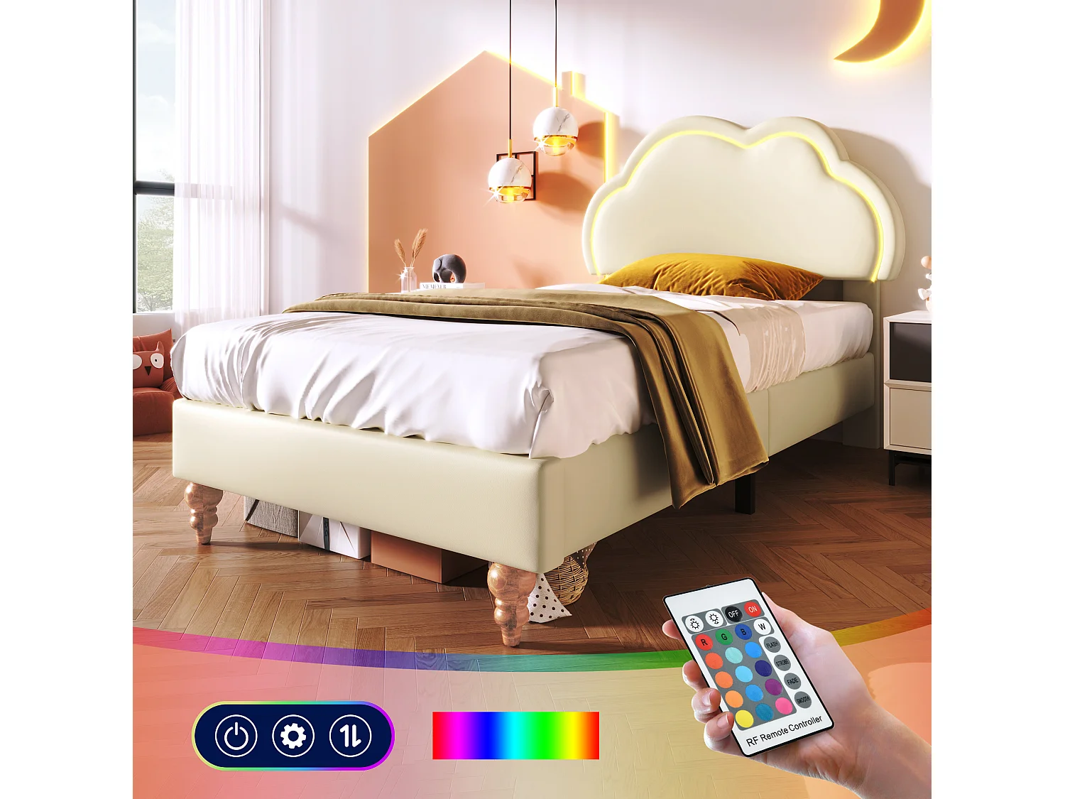 Cama tapizada 90 x 200 cm con cabecero nube regulable - Piel sintética - LED - Color crema
