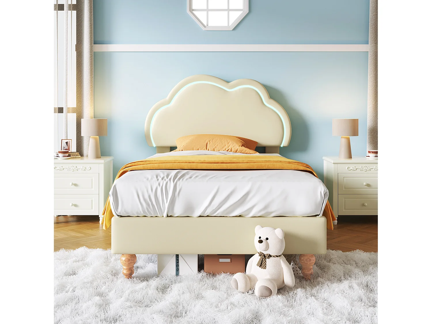 Cama tapizada 90 x 200 cm con cabecero nube regulable - Piel sintética - LED - Color crema