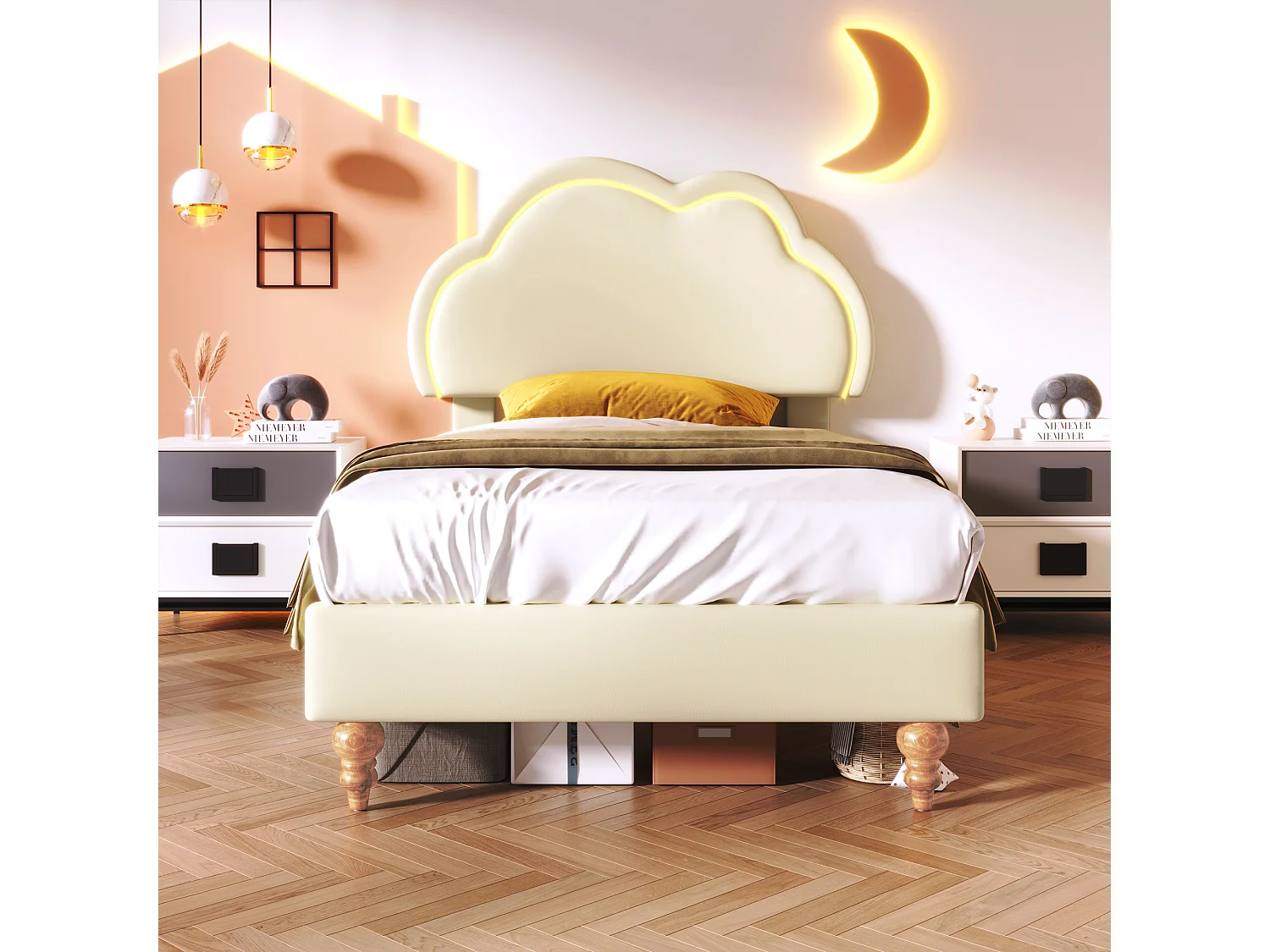 Cama tapizada 90 x 200 cm con cabecero nube regulable - Piel sintética - LED - Color crema